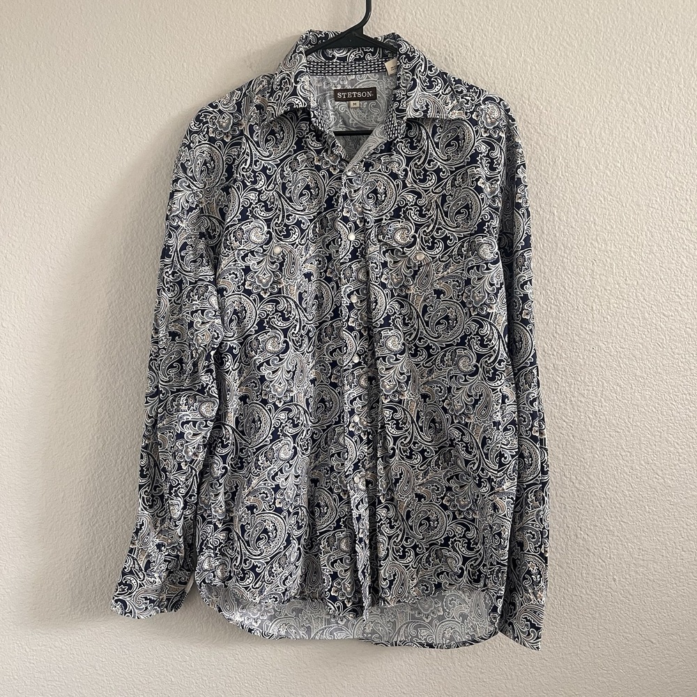 Stetson Paisley Pearl Snap Western Shirt Medium Navy 100% Cotton